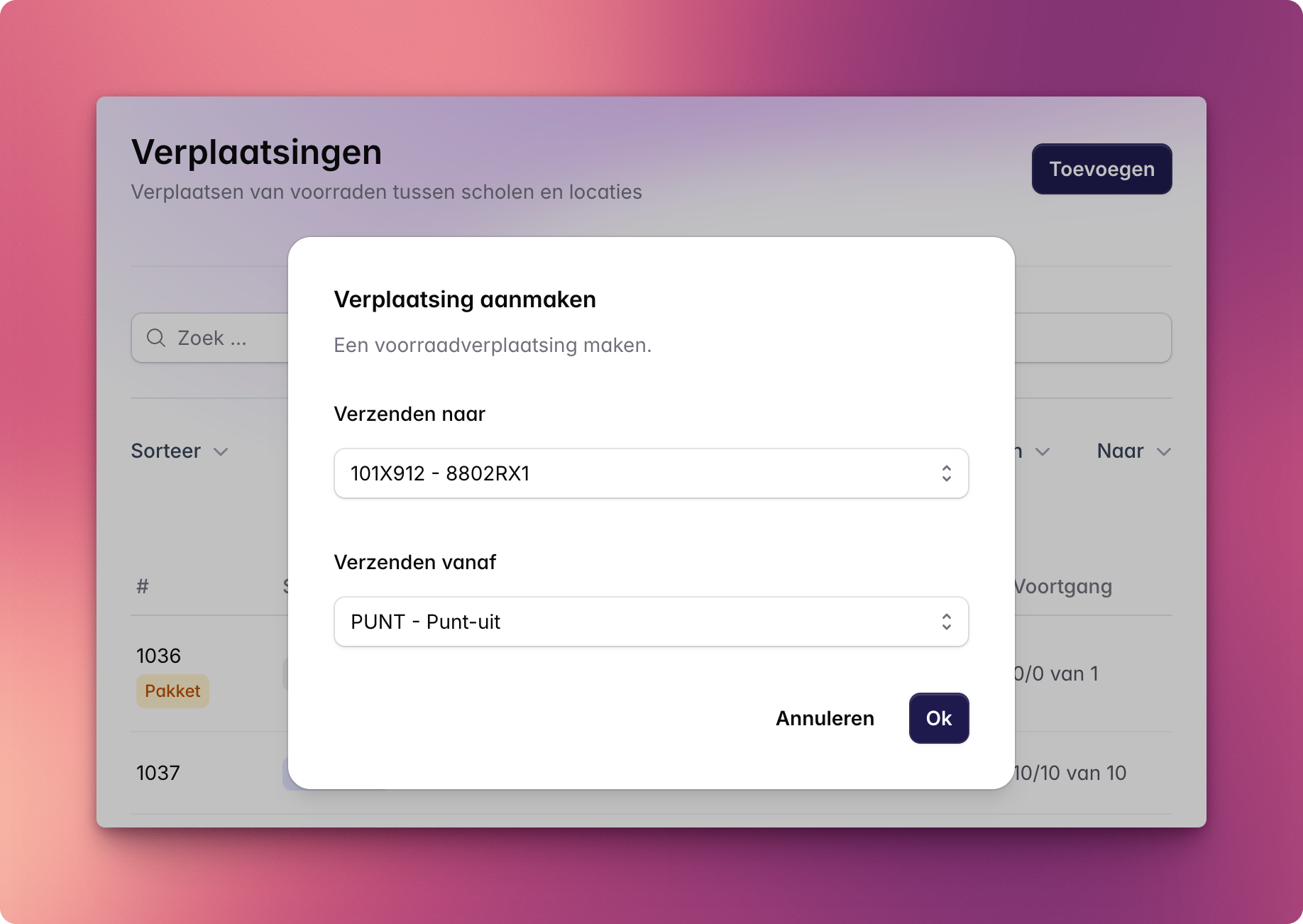 De Verplaatsing aanmaken-dialoog met de velden Verzenden naar en Verzenden vanaf
