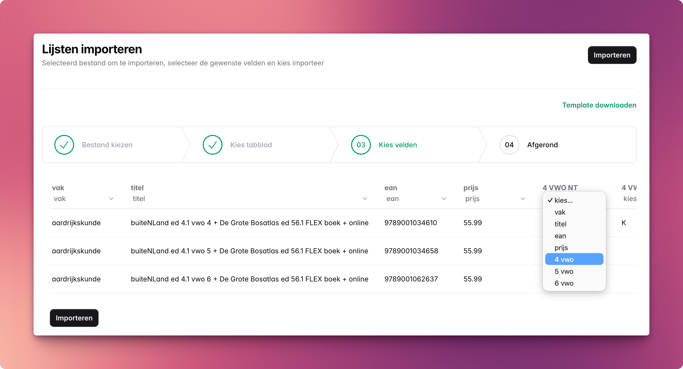 Toekennen van de juiste kolomnamen Importeren lml - stap 3: toekennen kolommen