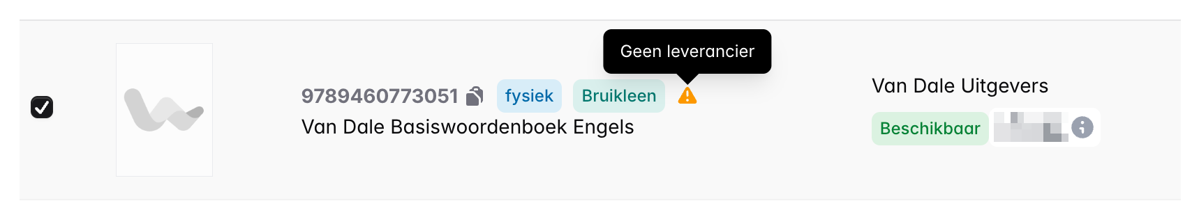 Close-up van een productregel met amber aandachtspunten-icoon naast de type-badge
