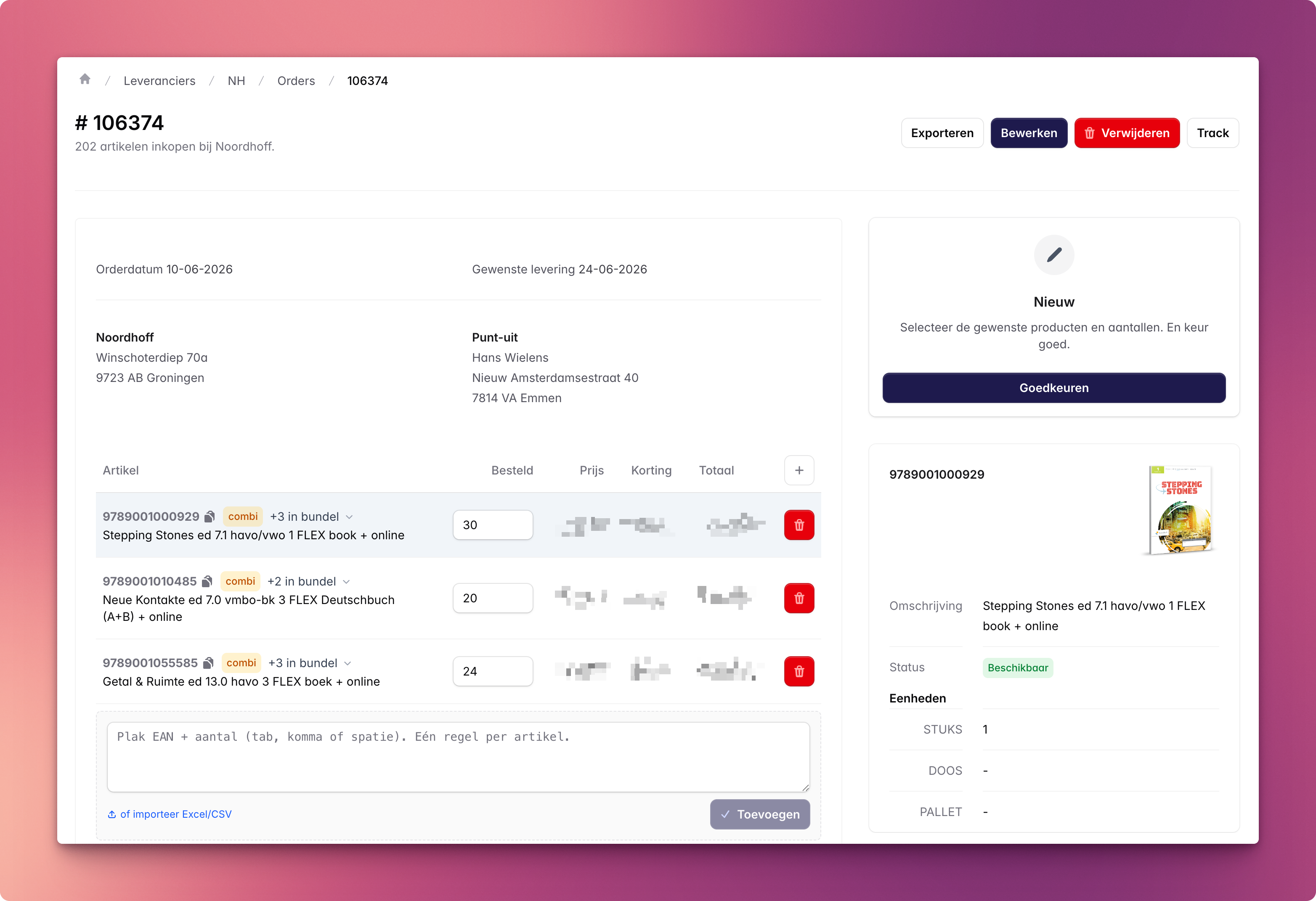 Een concept-inkooporder met de regelsectie en de +-knop om producten toe te voegen